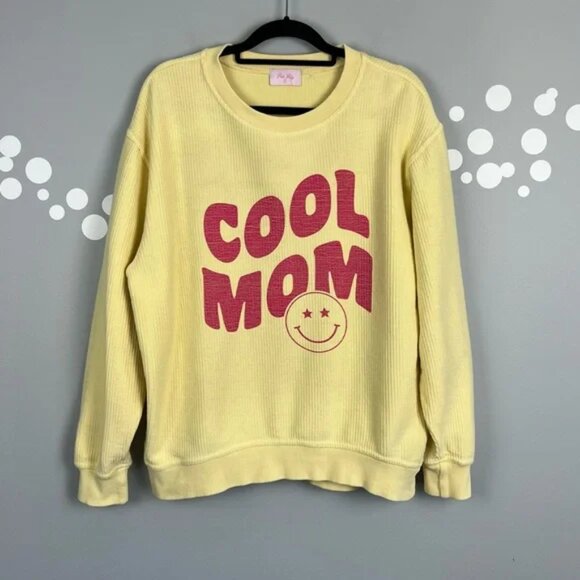 Pink Lily Cool Moom Smiley Corded Sweatshirt Ribbed Graphic Crewneck Size S - Picture 1 of 5